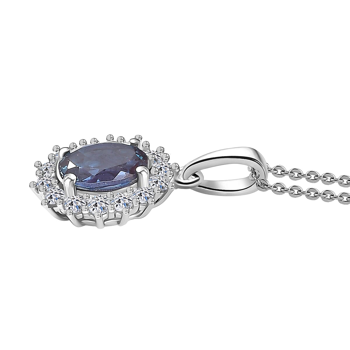 Luxuriant Lab Grown Alexandrite & Lab Grown Diamond Pendant with Chain (Size 20) in Rhodium Overlay Sterling Silver 1.96 Ct.