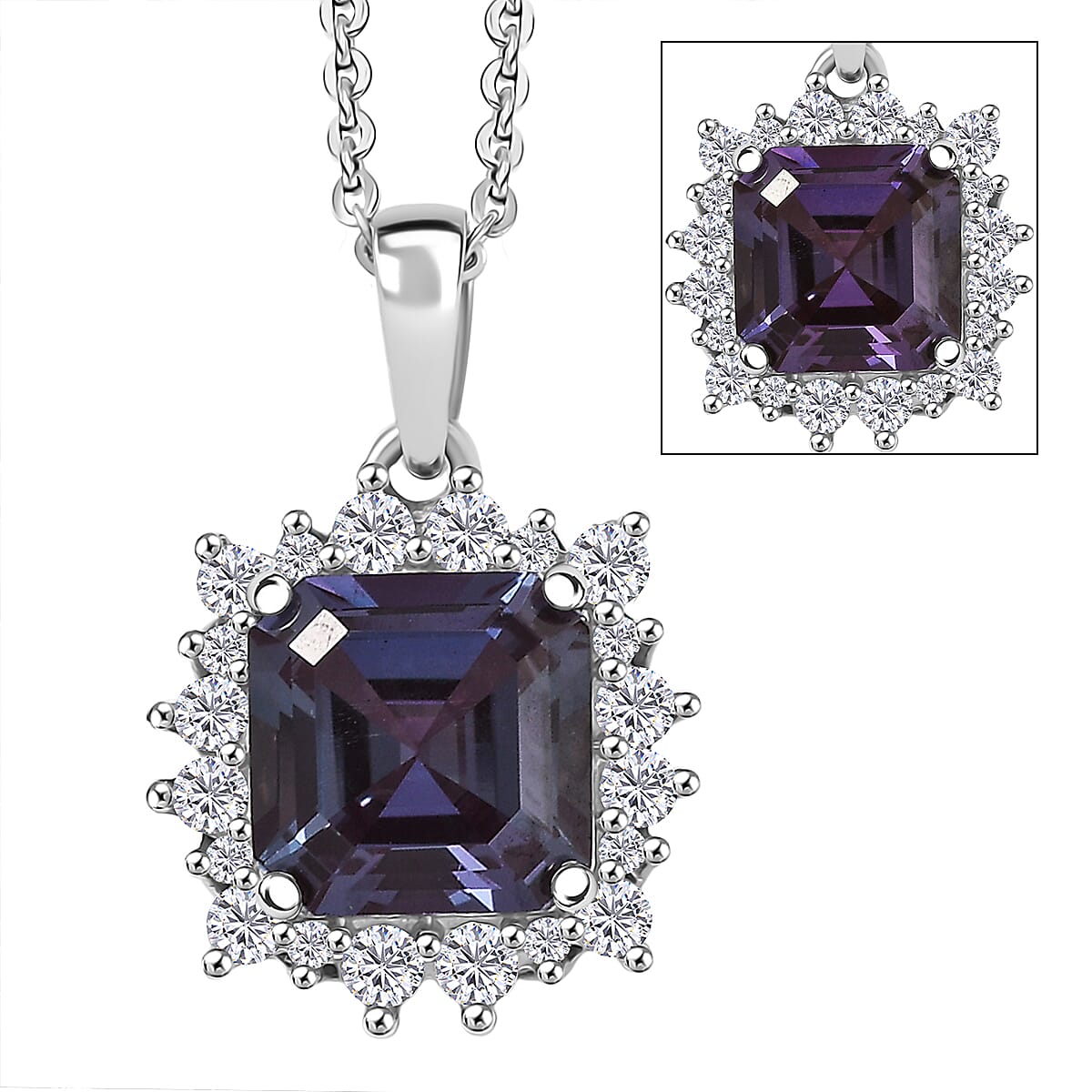 D'Joy Lab Grown Alexandrite & Moissanite Pendant with Chain (Size 20) in Rhodium Overlay Sterling Silver 2.30 Ct.