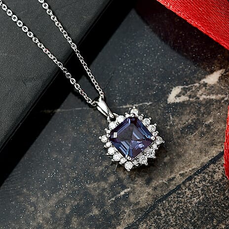 D'Joy Lab Grown Alexandrite & Moissanite Pendant with Chain (Size 20) in Rhodium Overlay Sterling Silver 2.30 Ct.