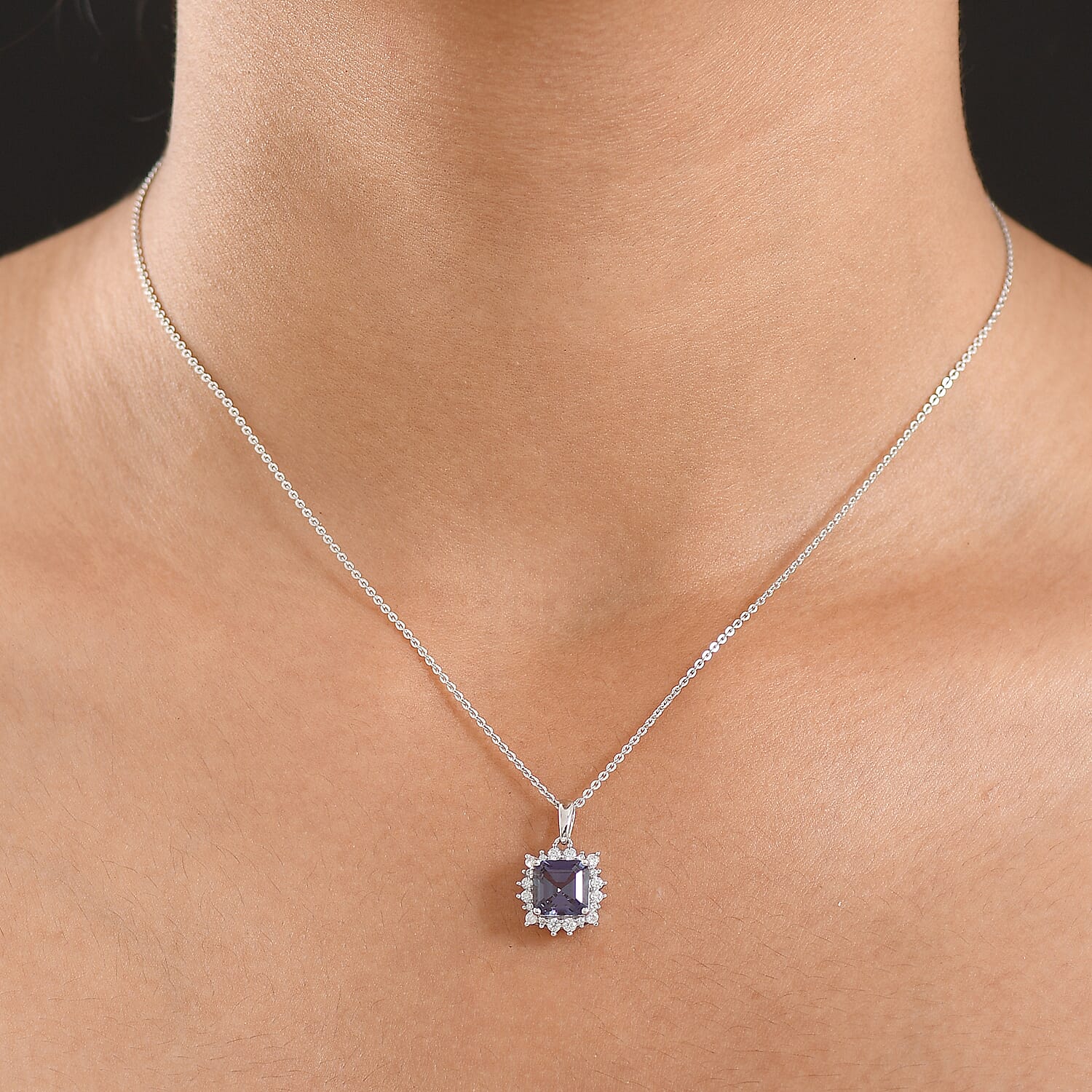 D'Joy Lab Grown Alexandrite & Moissanite Pendant with Chain (Size 20) in Rhodium Overlay Sterling Silver 2.30 Ct.