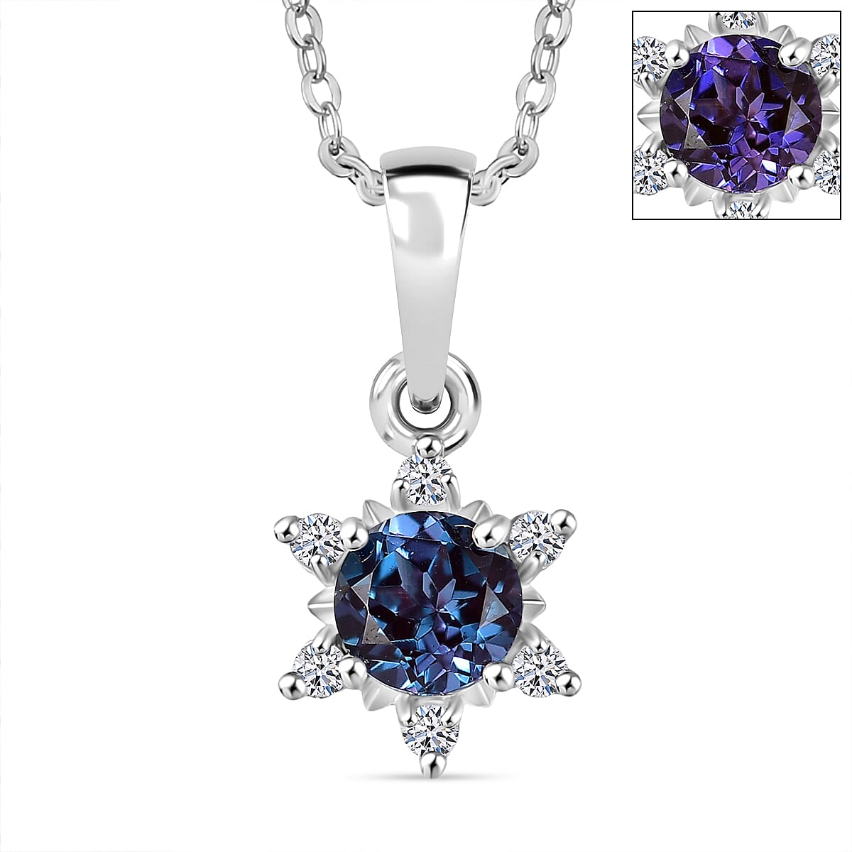 Luxuriant Lab Grown Alexandrite & White Zircon Pendant with Chain (Size 20) in Rhodium Overlay Sterling Silver