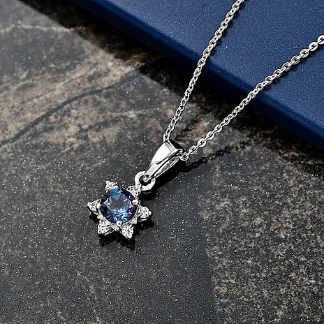 Luxuriant Lab Grown Alexandrite & White Zircon Pendant with Chain (Size 20) in Rhodium Overlay Sterling Silver