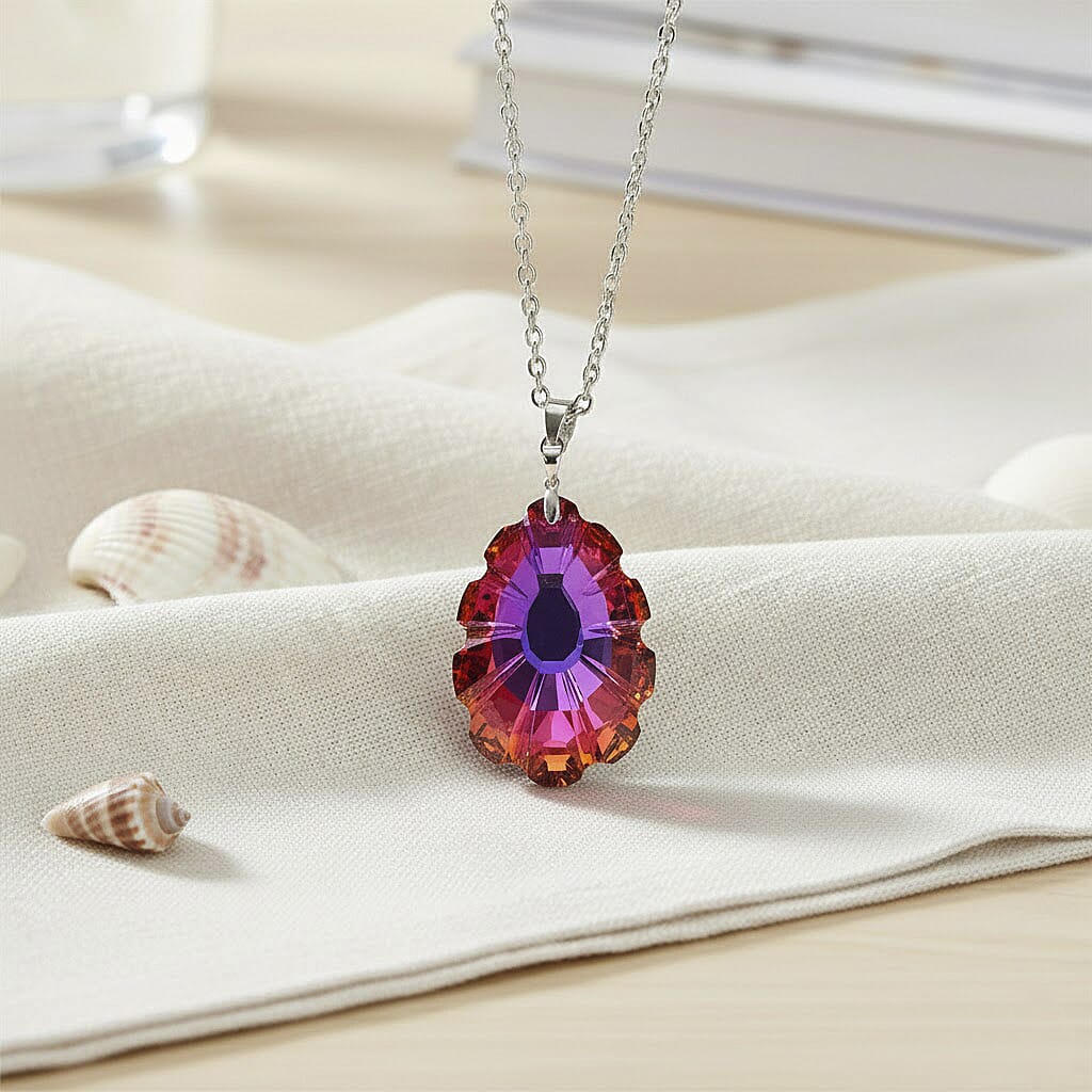 Orange Magic Color Crystal Pendant with Chain (Size 24) in Silver Tone