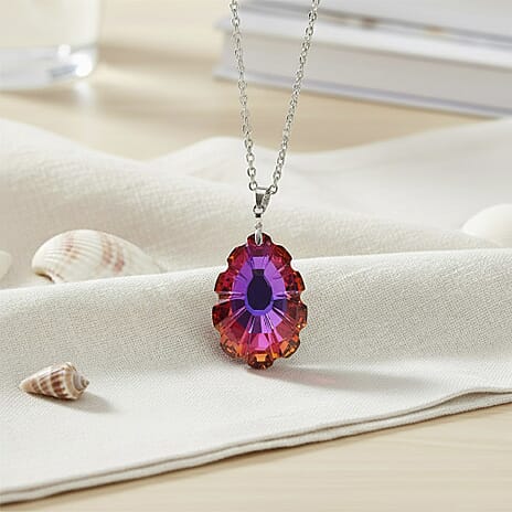 Orange Magic Color Crystal Pendant with Chain (Size 24) in Silver Tone