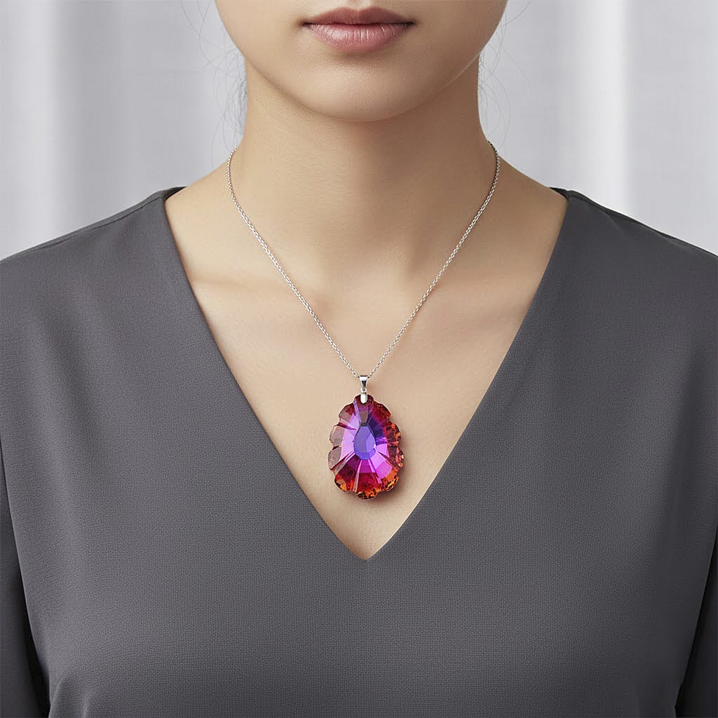 Orange Magic Color Crystal Pendant with Chain (Size 24) in Silver Tone