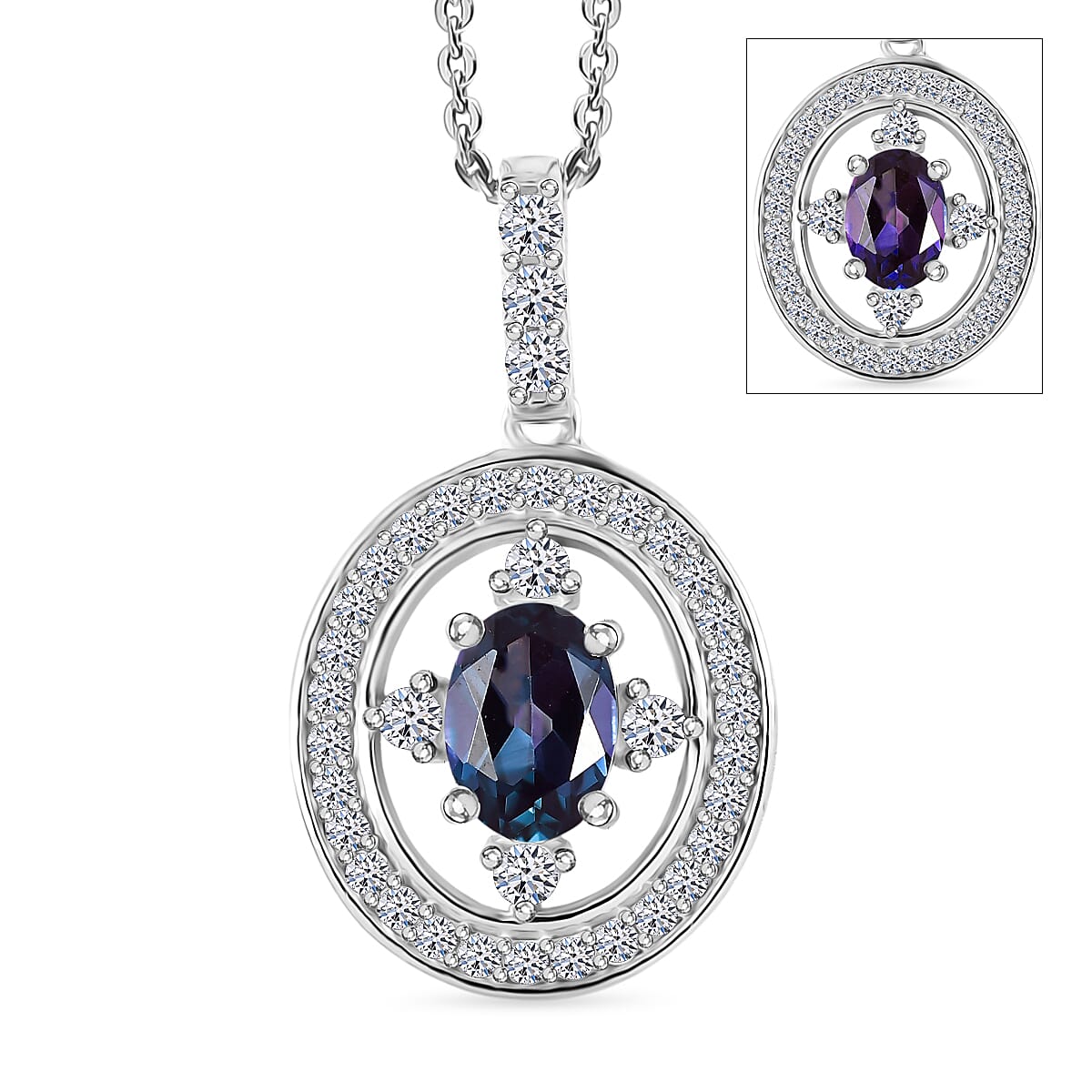 Luxuriant Lab Grown Alexandrite & White Zircon Pendant with Chain (Size 20) in Rhodium Overlay Sterling Silver 1.53 Ct.