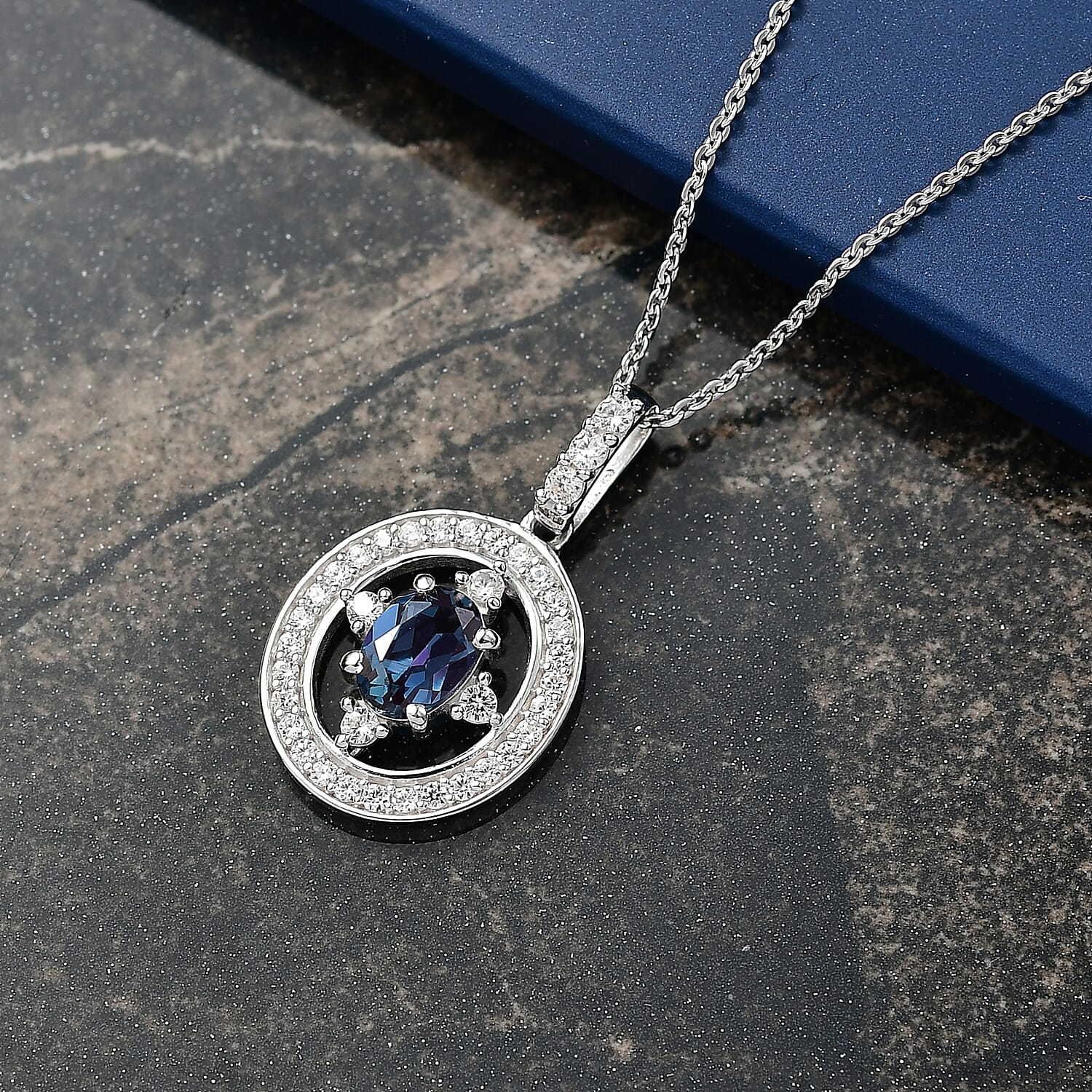 Luxuriant Lab Grown Alexandrite & White Zircon Pendant with Chain (Size 20) in Rhodium Overlay Sterling Silver 1.53 Ct.