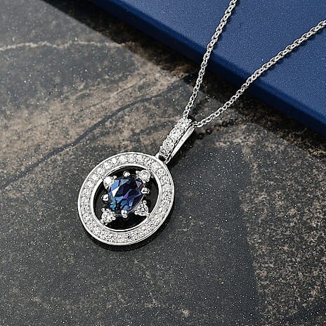 Luxuriant Lab Grown Alexandrite & White Zircon Pendant with Chain (Size 20) in Rhodium Overlay Sterling Silver 1.53 Ct.