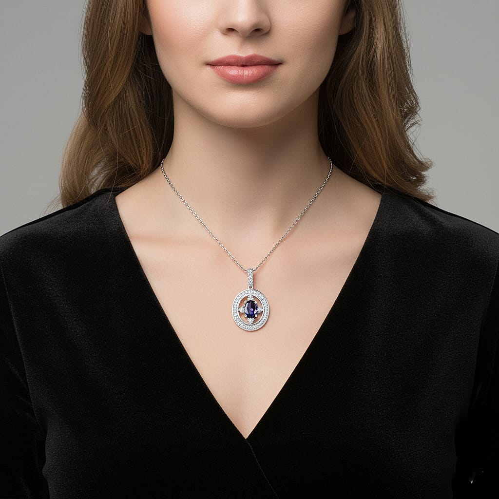 Luxuriant Lab Grown Alexandrite & White Zircon Pendant with Chain (Size 20) in Rhodium Overlay Sterling Silver 1.53 Ct.