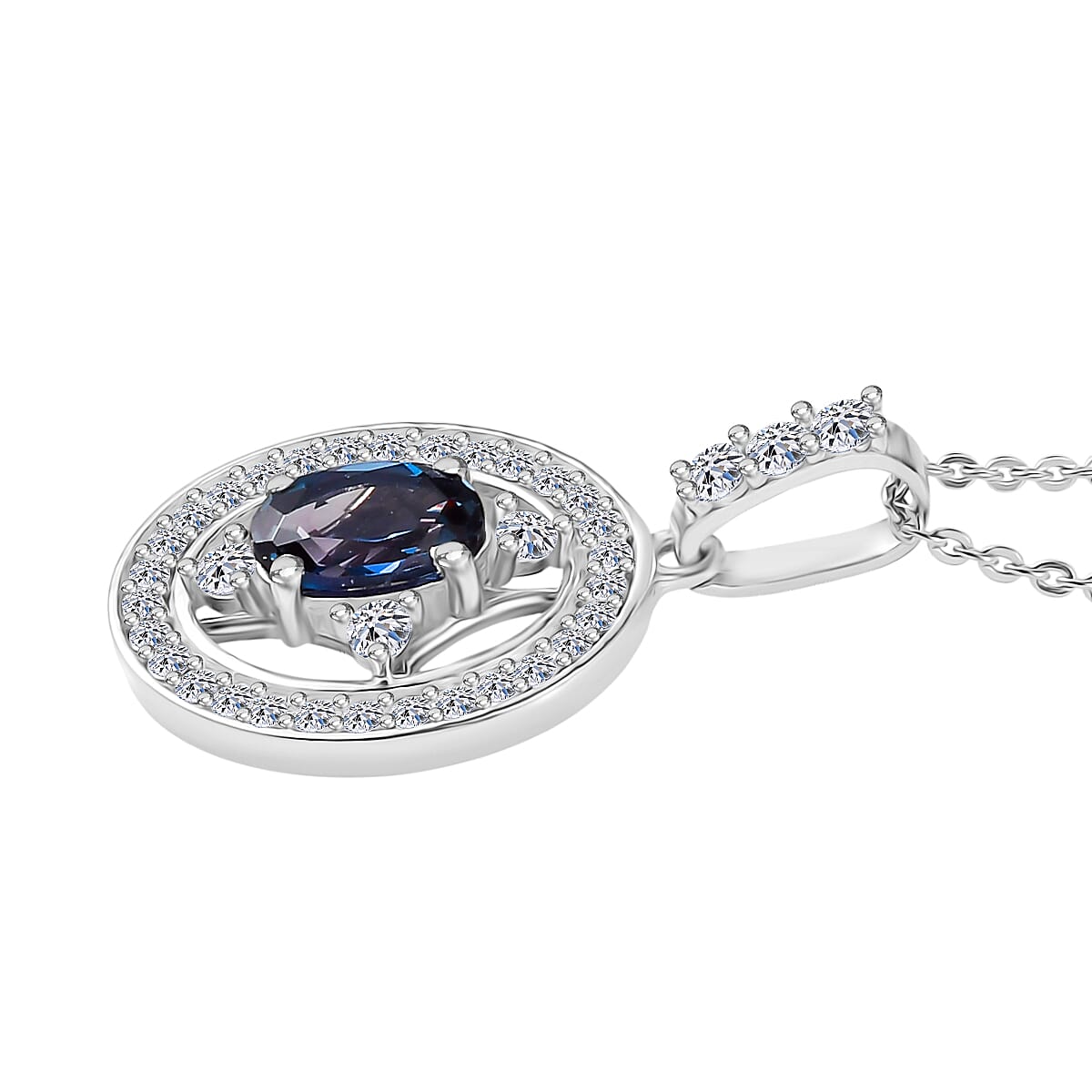 Luxuriant Lab Grown Alexandrite & White Zircon Pendant with Chain (Size 20) in Rhodium Overlay Sterling Silver 1.53 Ct.