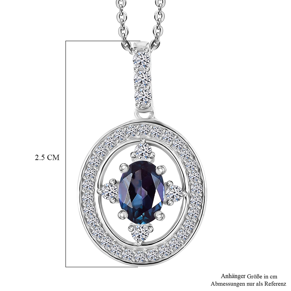 Luxuriant Lab Grown Alexandrite & White Zircon Pendant with Chain (Size 20) in Rhodium Overlay Sterling Silver 1.53 Ct.