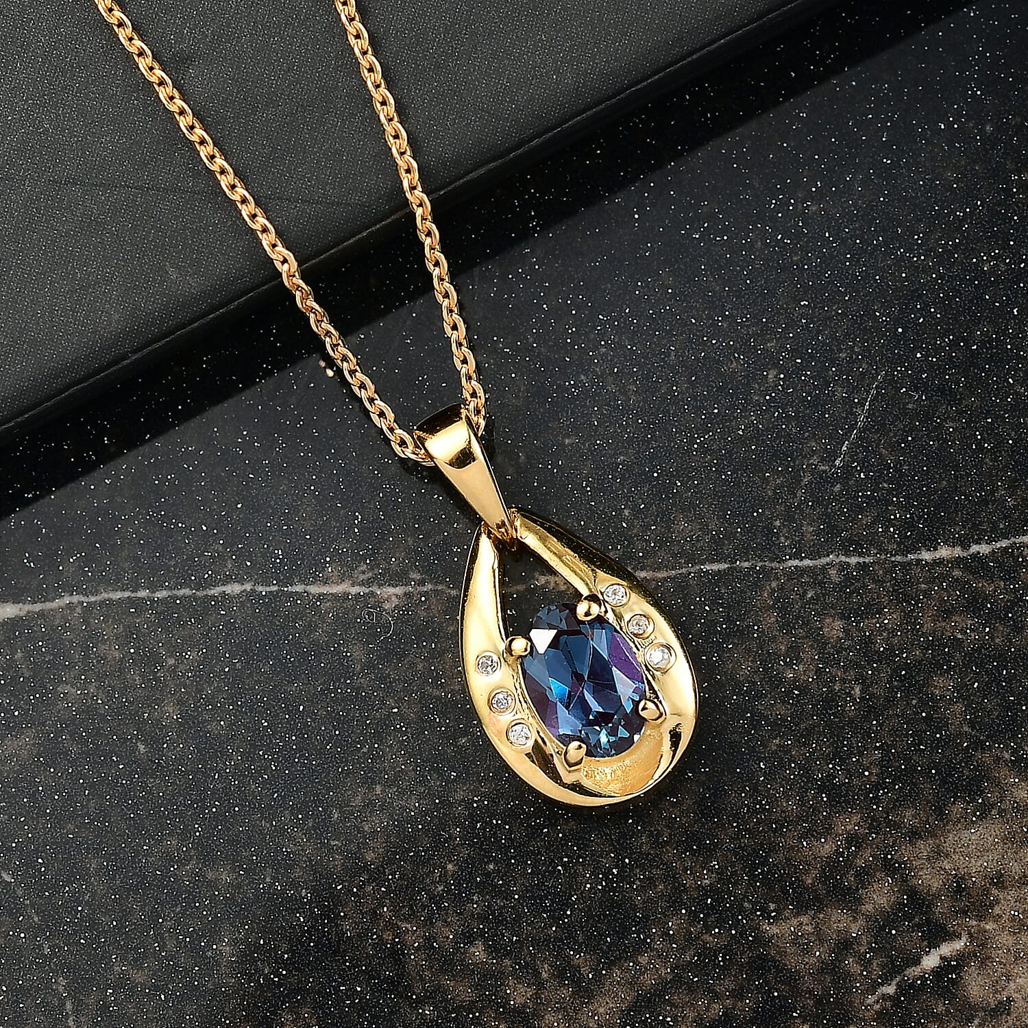 Luxuriant Lab Grown Alexandrite & White Zircon Pendant with Chain (Size 20) in 18K Vermeil Yellow Gold Plated Sterling Silver