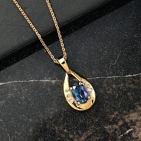 Luxuriant Lab Grown Alexandrite & White Zircon Pendant with Chain (Size 20) in 18K Vermeil Yellow Gold Plated Sterling Silver