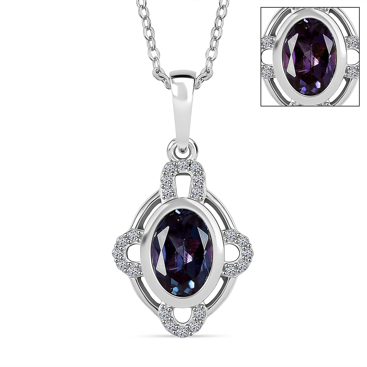 Luxuriant Lab Grown Alexandrite & White Zircon Pendant with Chain (Size 20) in Rhodium Overlay Sterling Silver 1.03 Ct.