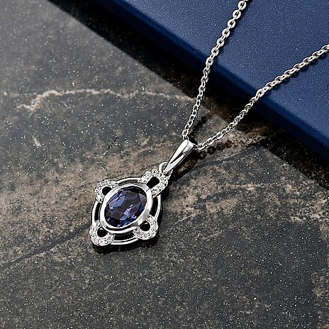 Luxuriant Lab Grown Alexandrite & White Zircon Pendant with Chain (Size 20) in Rhodium Overlay Sterling Silver 1.03 Ct.