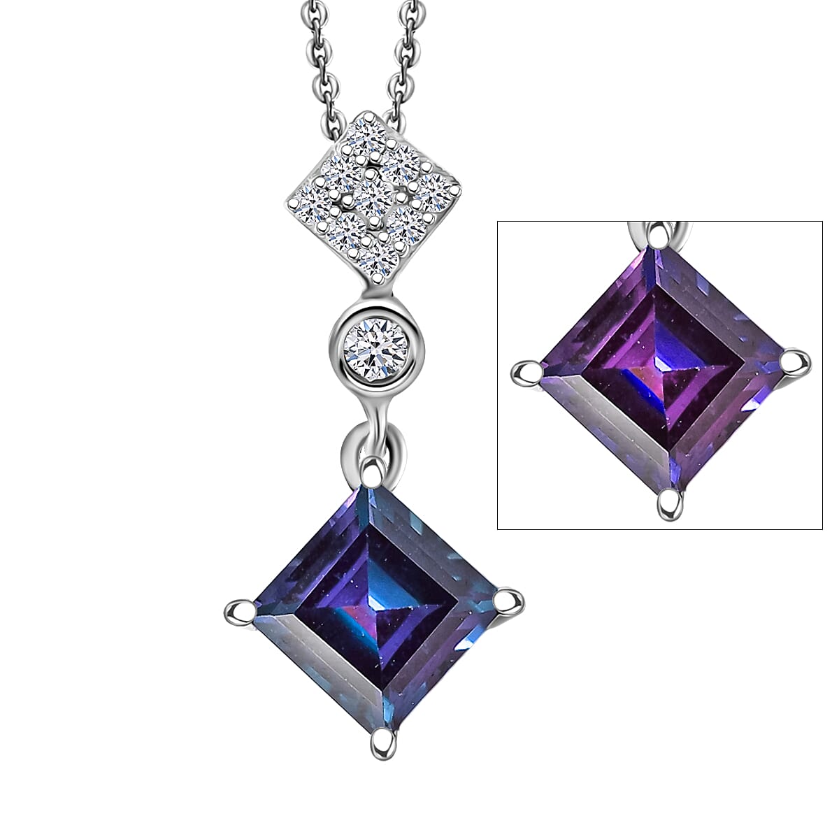 Luxuriant Lab Grown Alexandrite & White Zircon Pendant with Chain (Size 20) in Rhodium Overlay Sterling Silver 1.37 Ct.