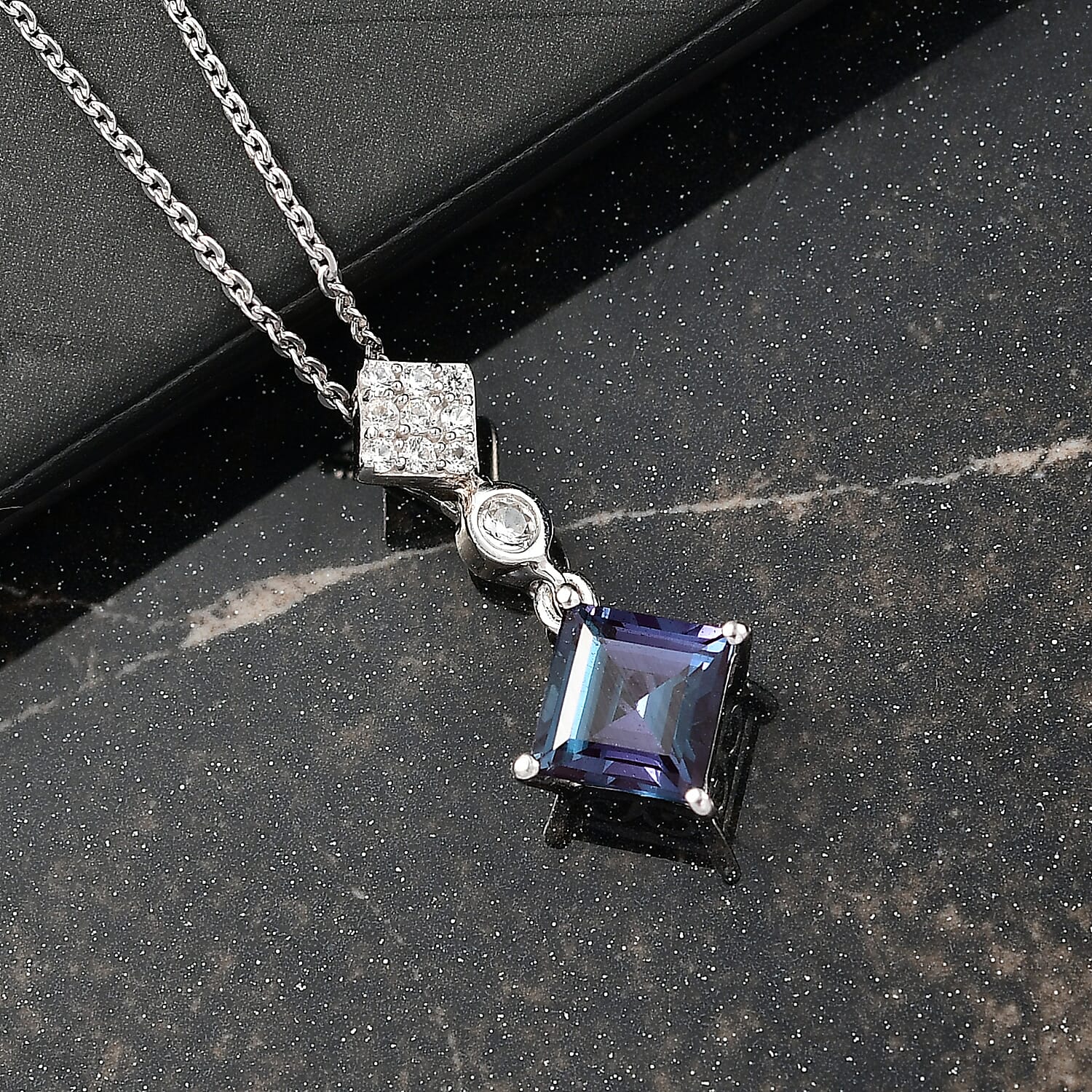 Luxuriant Lab Grown Alexandrite & White Zircon Pendant with Chain (Size 20) in Rhodium Overlay Sterling Silver 1.37 Ct.