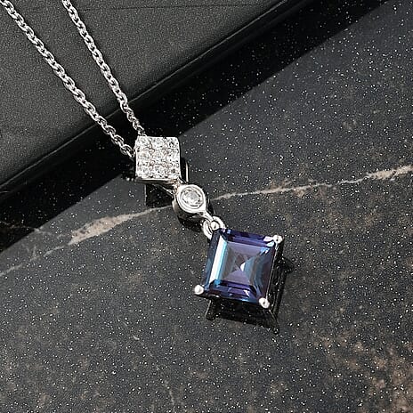 Luxuriant Lab Grown Alexandrite & White Zircon Pendant with Chain (Size 20) in Rhodium Overlay Sterling Silver 1.37 Ct.