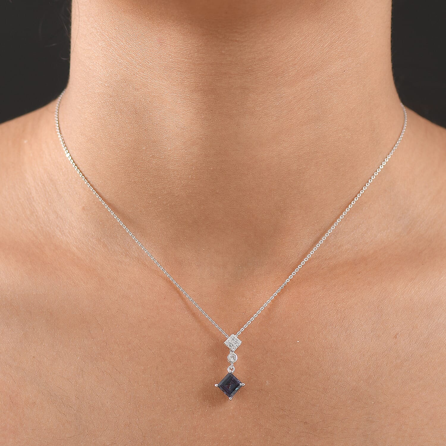 Luxuriant Lab Grown Alexandrite & White Zircon Pendant with Chain (Size 20) in Rhodium Overlay Sterling Silver 1.37 Ct.