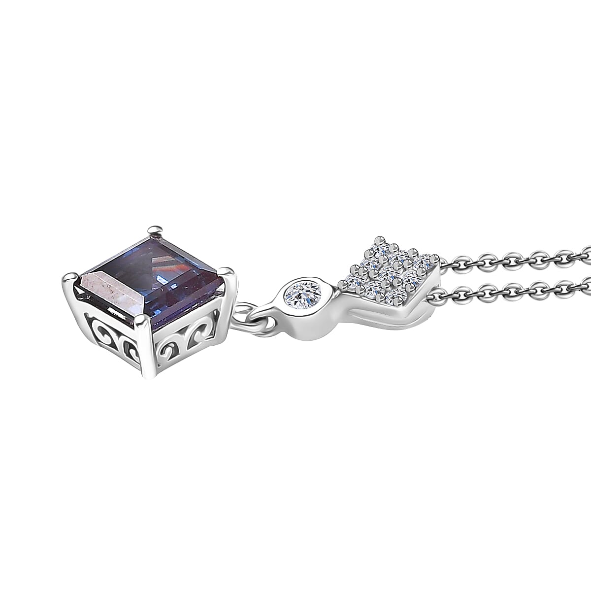 Luxuriant Lab Grown Alexandrite & White Zircon Pendant with Chain (Size 20) in Rhodium Overlay Sterling Silver 1.37 Ct.
