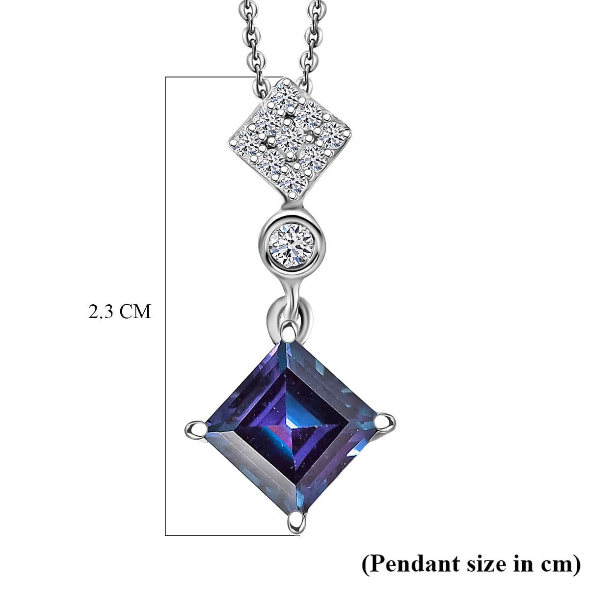 Luxuriant Lab Grown Alexandrite & White Zircon Pendant with Chain (Size 20) in Rhodium Overlay Sterling Silver 1.37 Ct.