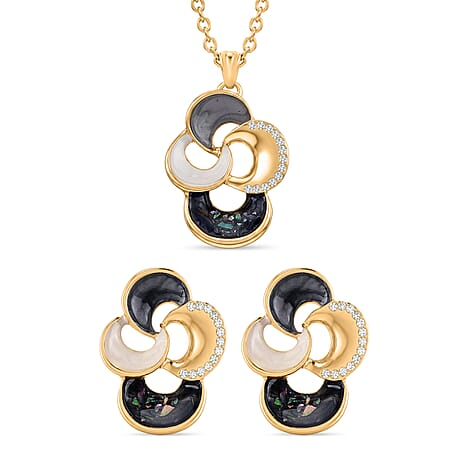 Set of 2 - Abalone Shell, White Shell Pearl & White Crystal Necklace (Size - 18-2 Ext) and Push Back Earring