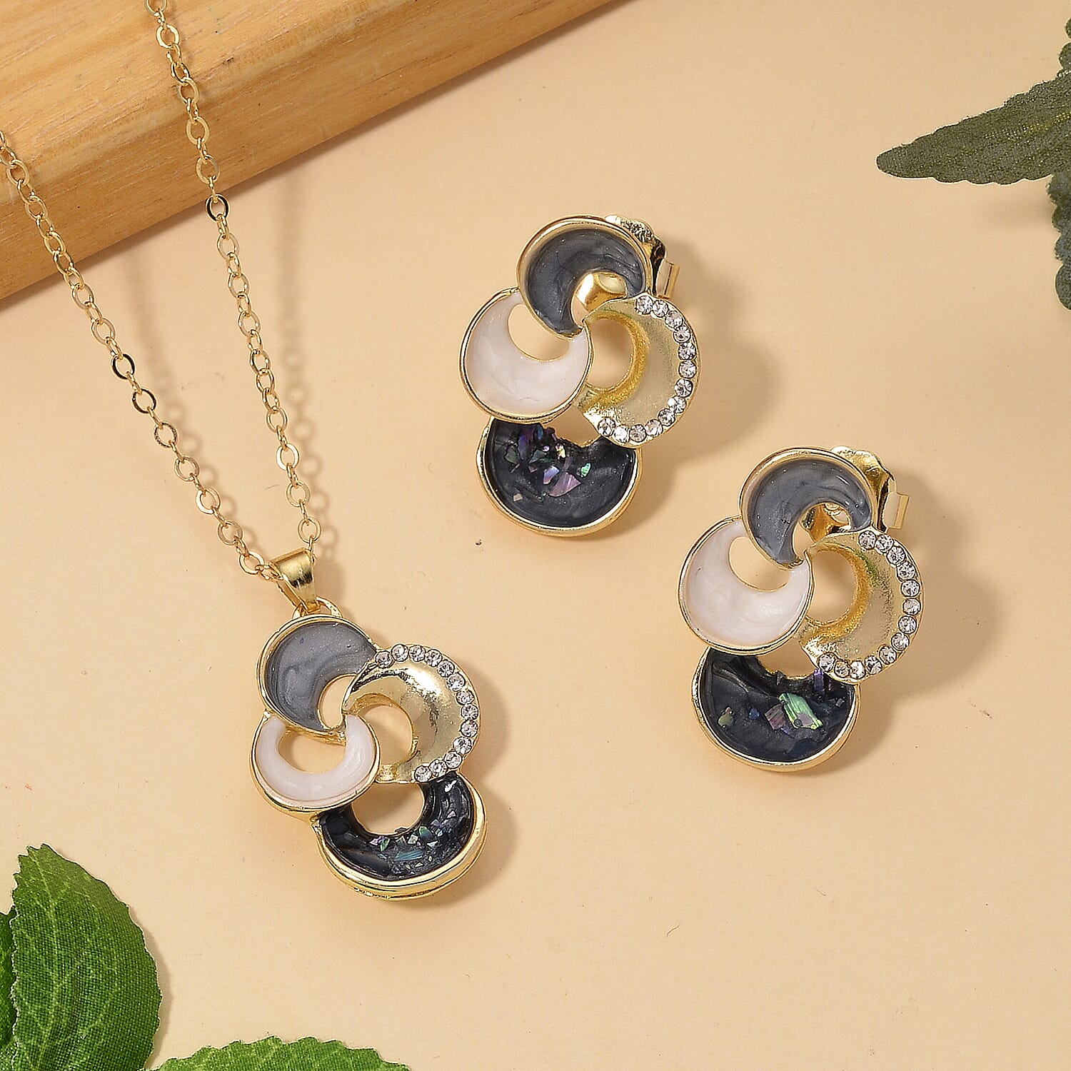 Set of 2 - Abalone Shell, White Shell Pearl & White Crystal Necklace (Size - 18-2 Ext) and Push Back Earring