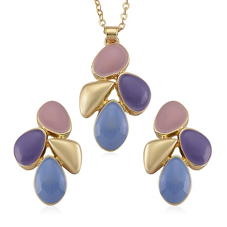 Set of 2 - Floral-Inspired Necklace (Size - 18-2 Ext) and Push Back Earring with Pink, Blue & Purple Enameling