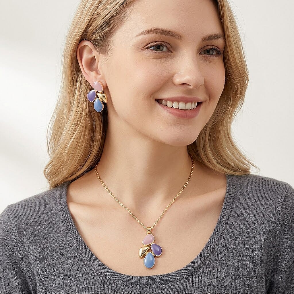 Set of 2 - Floral-Inspired Necklace (Size - 18-2 Ext) and Push Back Earring with Pink, Blue & Purple Enameling