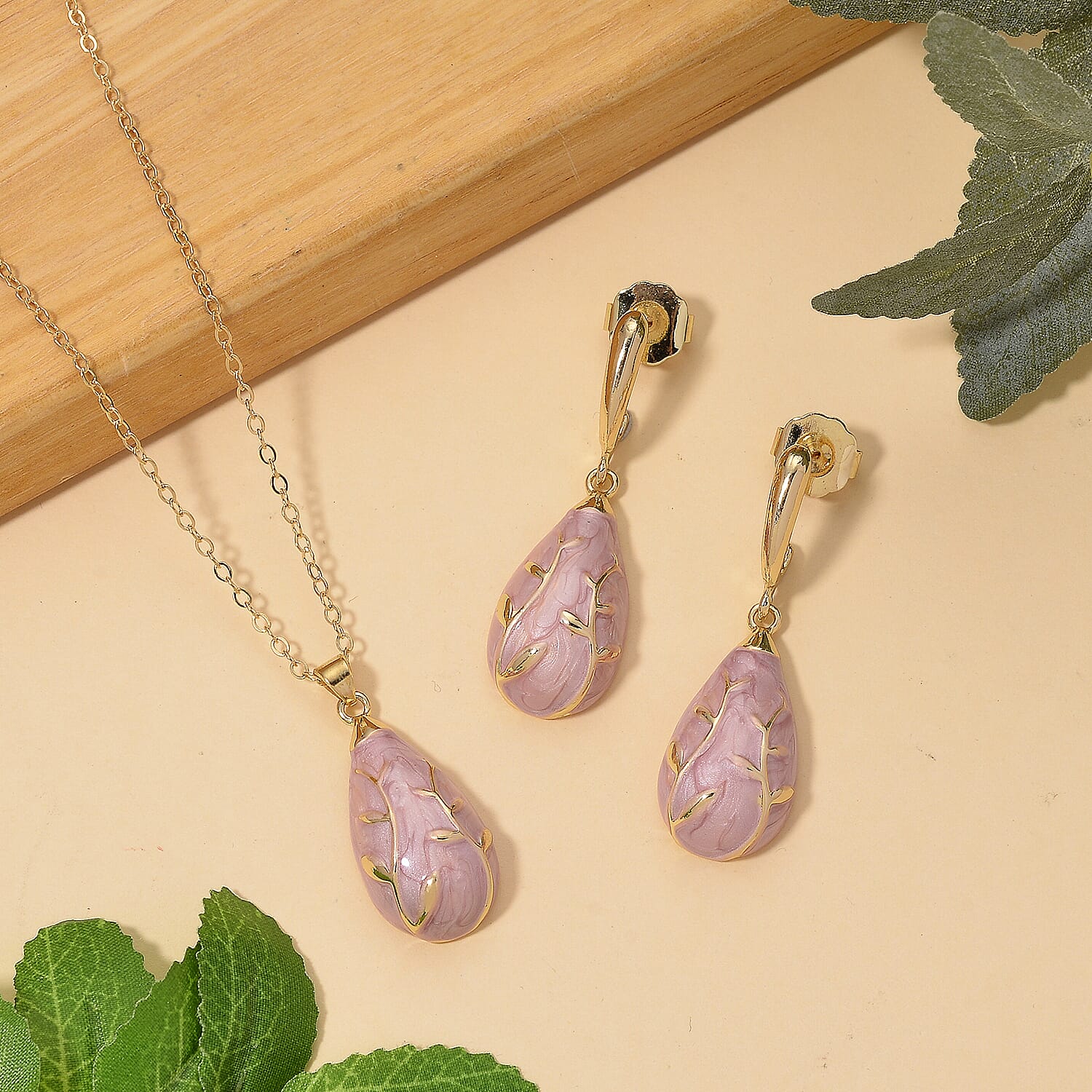 Set of 2 - Leaf Vine Drop Necklace (Size - 18-2 Ext) and Push Back Earring