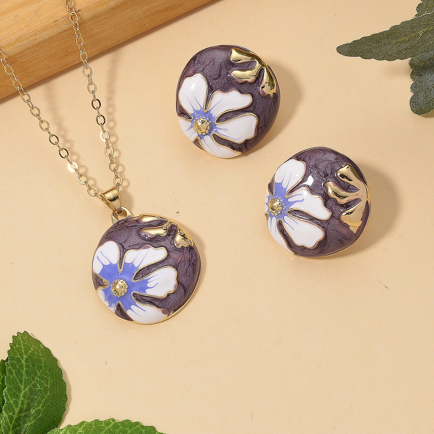 Set of 2 - Floral Necklace (Size - 18-2 Ext) and Push Back Earring