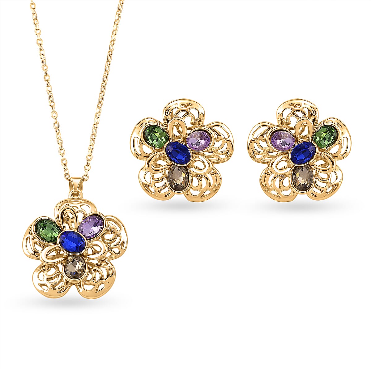 Set of 2 - Multi Colour Crystal Necklace (Size 16-2 Ext) and Push Back Earring