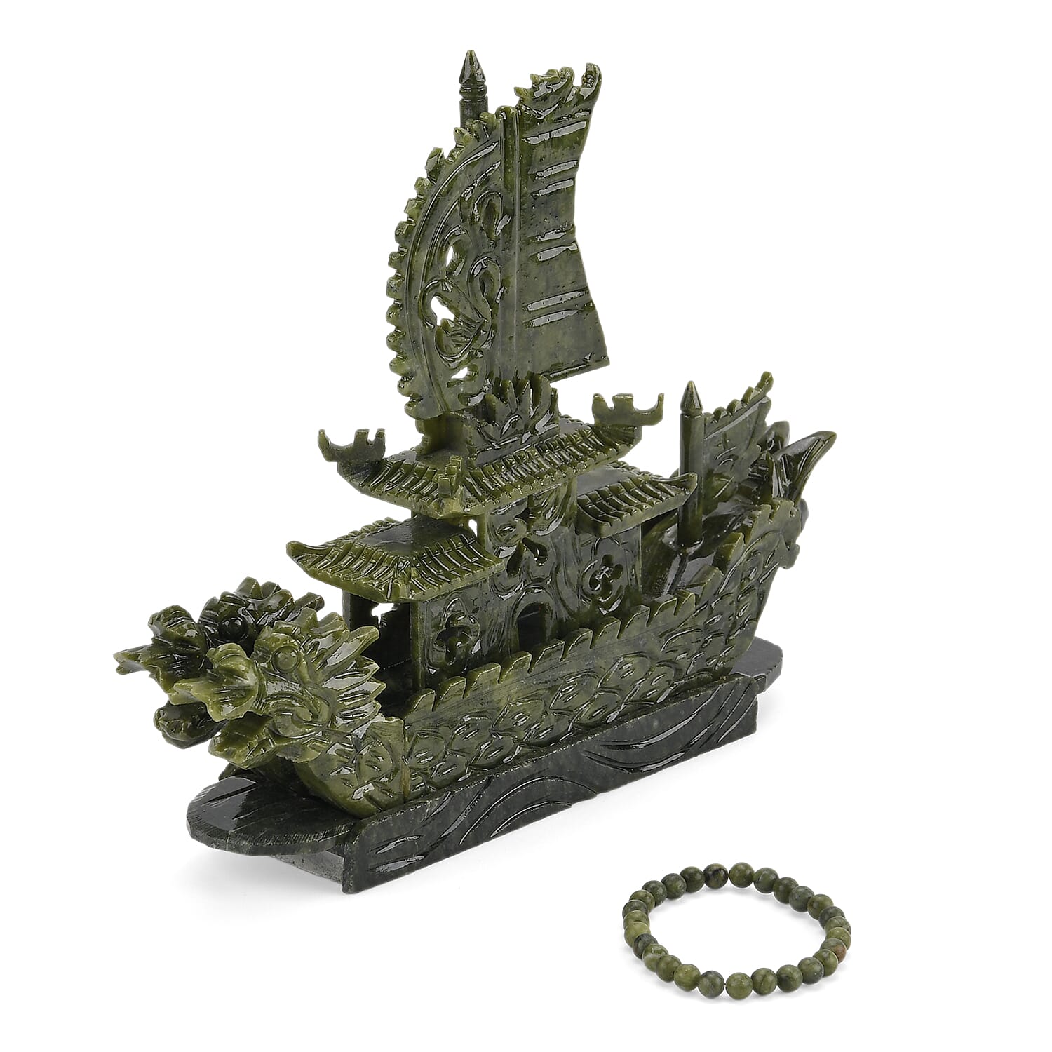 TJC EXCLUSIVE - Extremely Rare Hand Carved Serpentine Dragon Boat Ornament - Symbolising Strength & Perseverance With Bracelet (Size 7.5 Strechable) 1200.00 Ct.