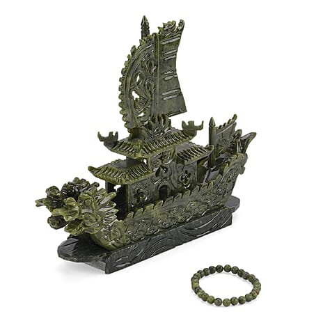 TJC EXCLUSIVE - Extremely Rare Hand Carved Serpentine Dragon Boat Ornament - Symbolising Strength & Perseverance With Bracelet (Size 7.5 Strechable) 1200.00 Ct.