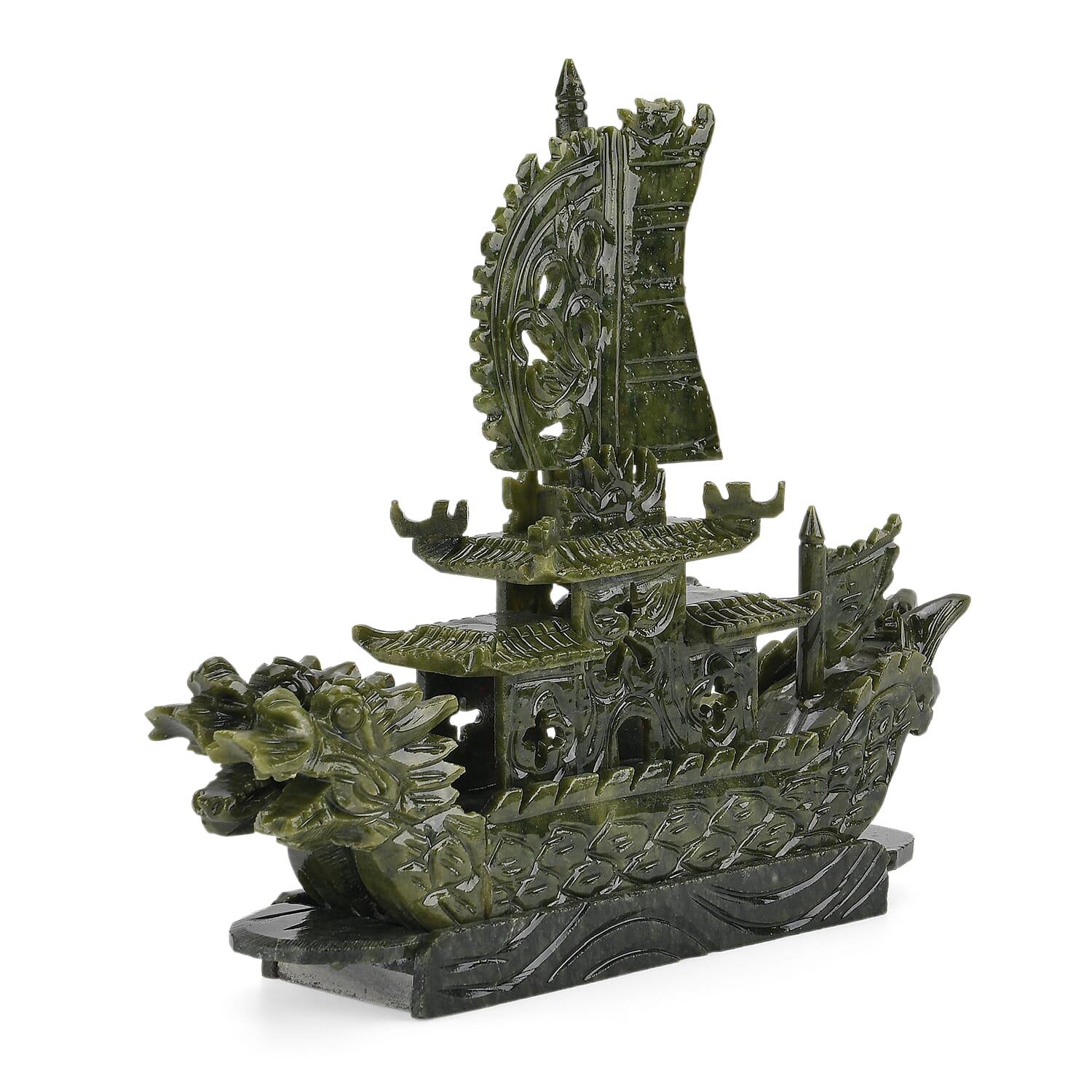 TJC EXCLUSIVE - Extremely Rare Hand Carved Serpentine Dragon Boat Ornament - Symbolising Strength & Perseverance With Bracelet (Size 7.5 Strechable) 1200.00 Ct.