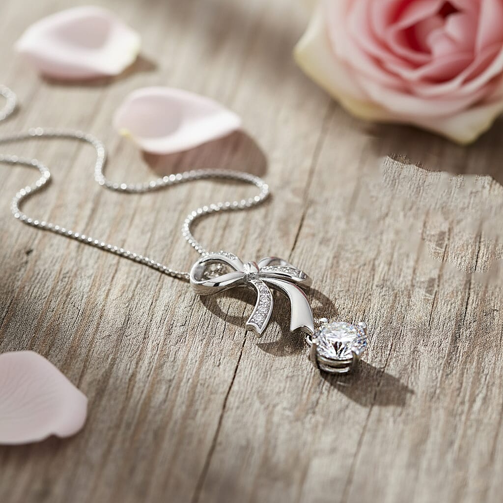 D'Joy Moissanite Pendant with Chain (Size 18) with Lobster Clasp in Rhodium Overlay Sterling Silver 1.94 Ct.