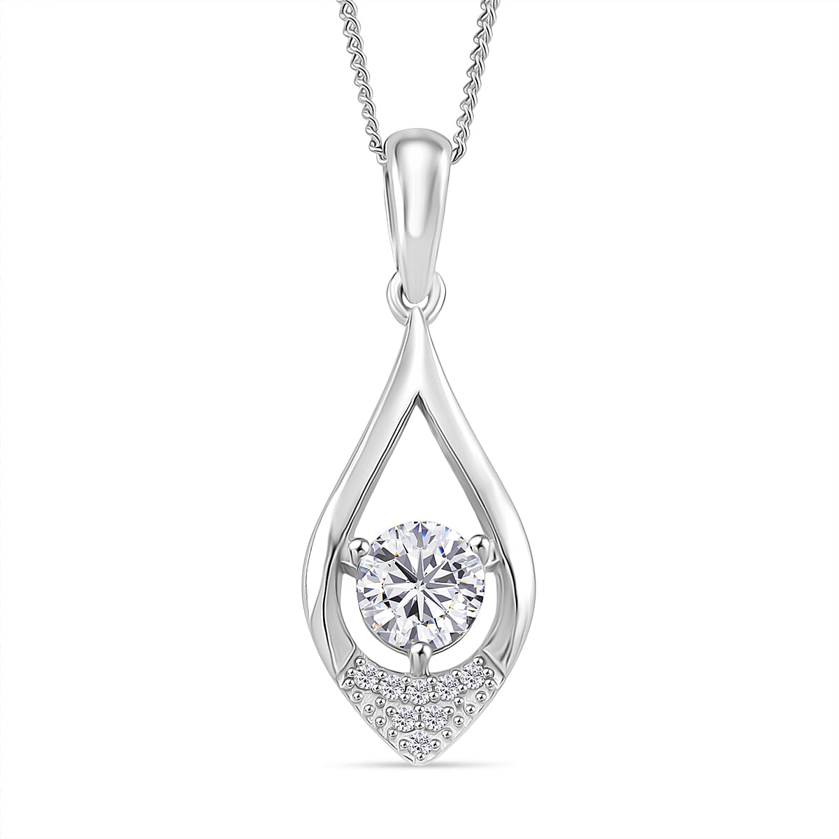 Moissanite Pendant with Chain (Size 18) with Lobster Clasp in Rhodium Overlay Sterling Silver