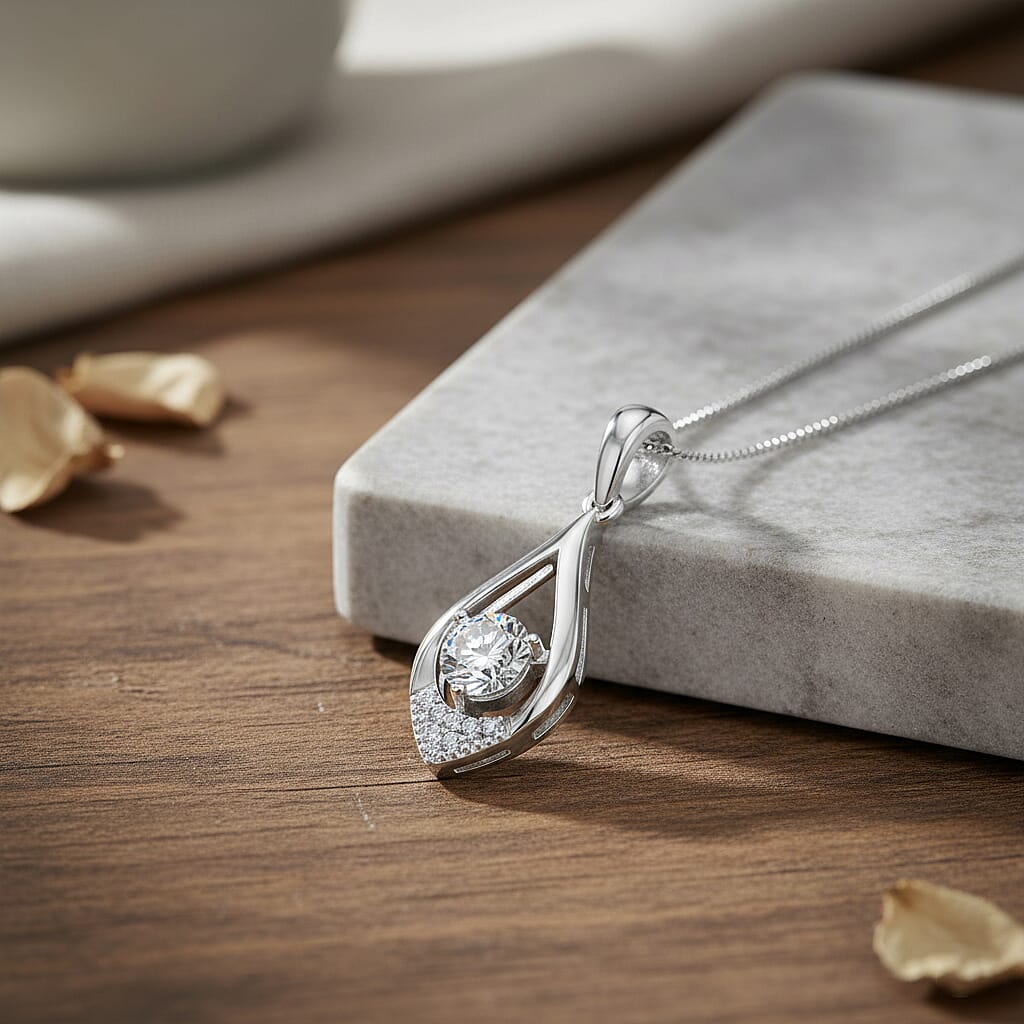 Moissanite Pendant with Chain (Size 18) with Lobster Clasp in Rhodium Overlay Sterling Silver
