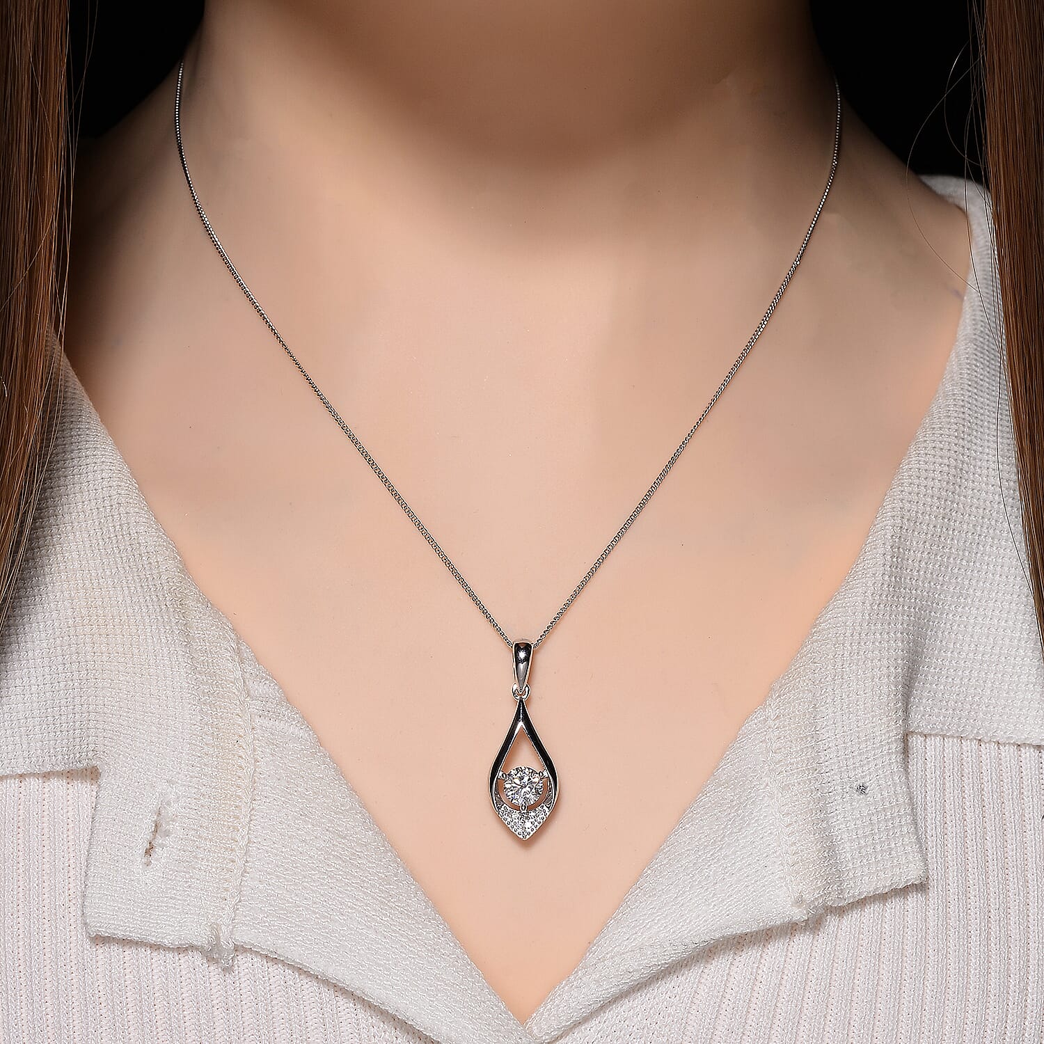 Moissanite Pendant with Chain (Size 18) with Lobster Clasp in Rhodium Overlay Sterling Silver