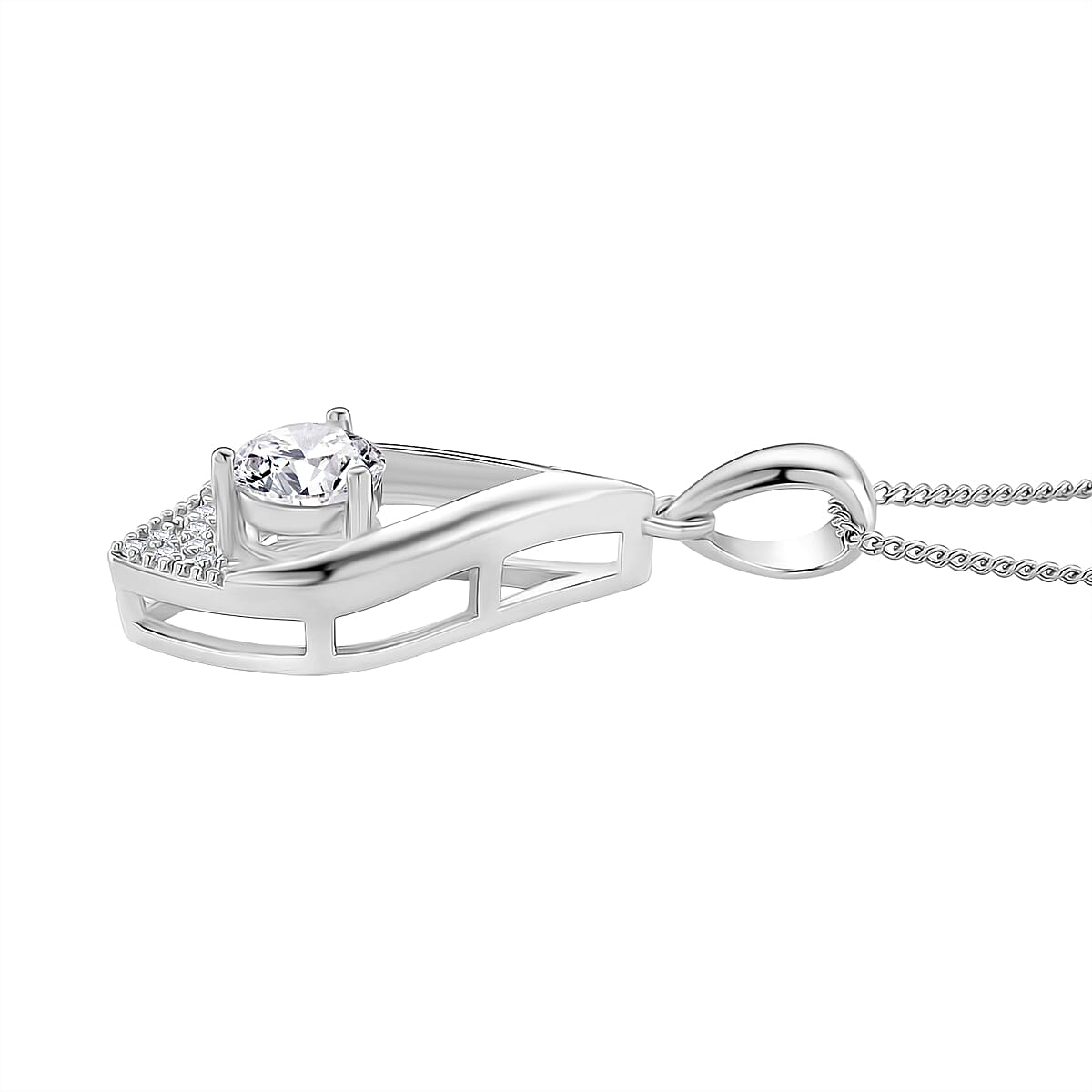 Moissanite Pendant with Chain (Size 18) with Lobster Clasp in Rhodium Overlay Sterling Silver