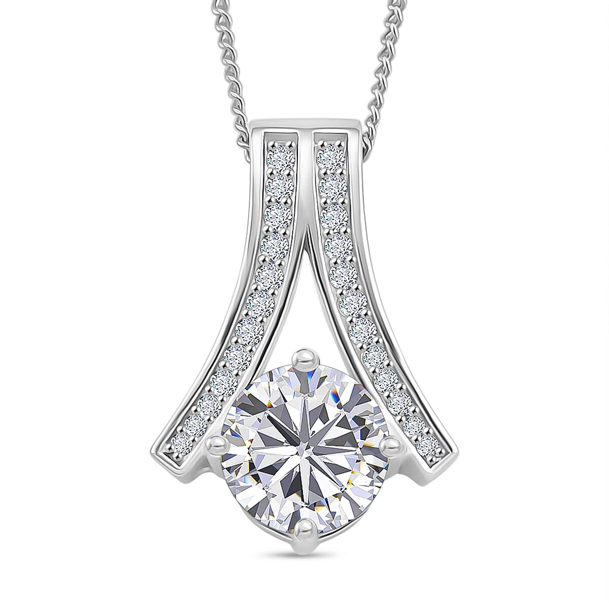 D'Joy Moissanite Pendant with Chain (Size 18) with Lobster Clasp in Rhodium Overlay Sterling Silver 2.06 Ct.