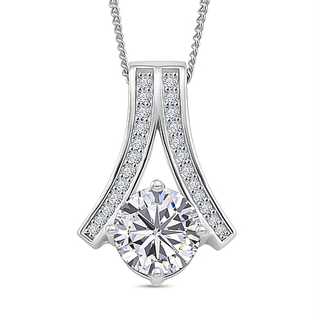D'Joy Moissanite Pendant with Chain (Size 18) with Lobster Clasp in Rhodium Overlay Sterling Silver 2.06 Ct.
