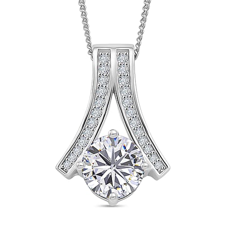 D'Joy Moissanite Pendant with Chain (Size 18) with Lobster Clasp in Rhodium Overlay Sterling Silver 2.06 Ct.