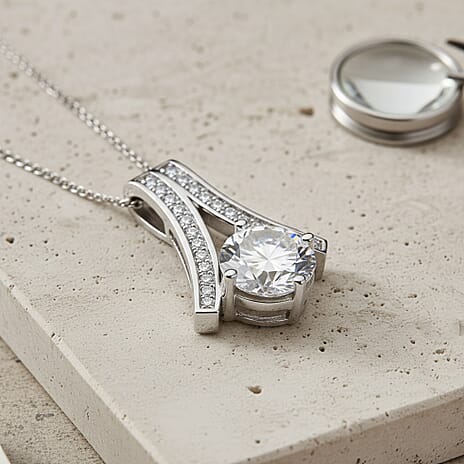 D'Joy Moissanite Pendant with Chain (Size 18) with Lobster Clasp in Rhodium Overlay Sterling Silver 2.06 Ct.