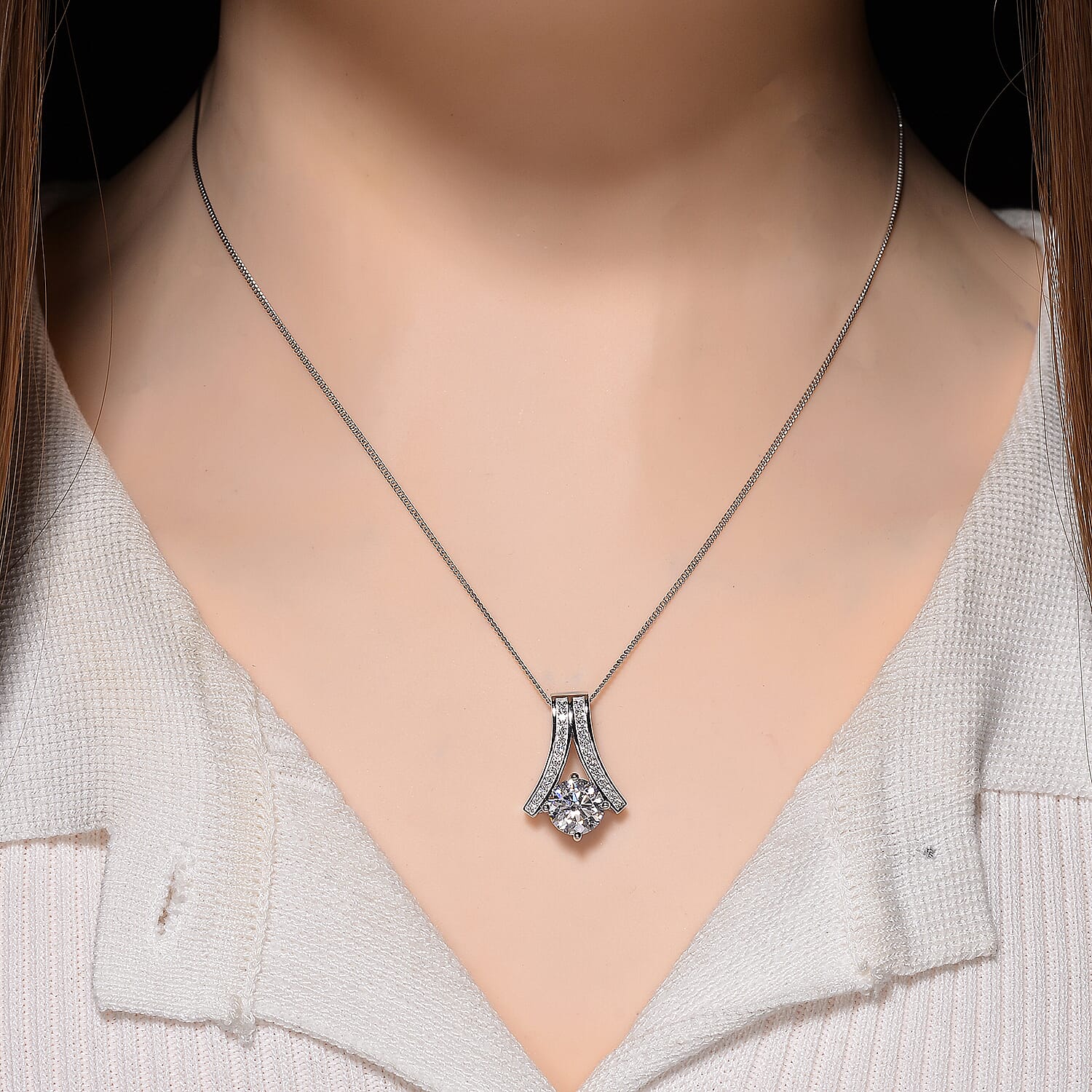 D'Joy Moissanite Pendant with Chain (Size 18) with Lobster Clasp in Rhodium Overlay Sterling Silver 2.06 Ct.