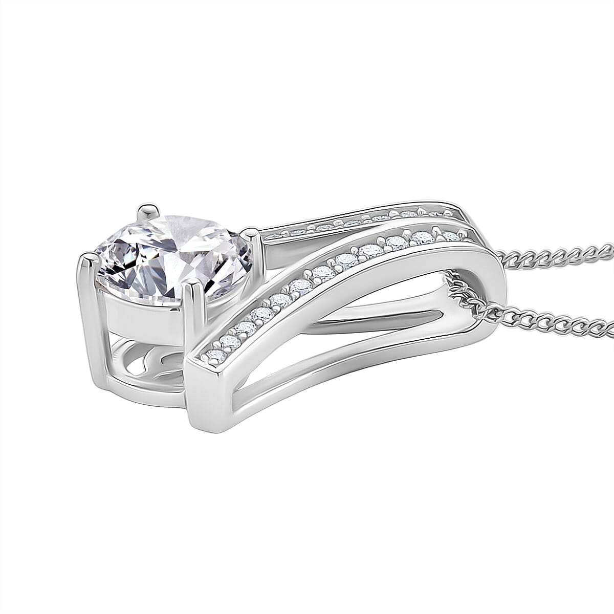 D'Joy Moissanite Pendant with Chain (Size 18) with Lobster Clasp in Rhodium Overlay Sterling Silver 2.06 Ct.