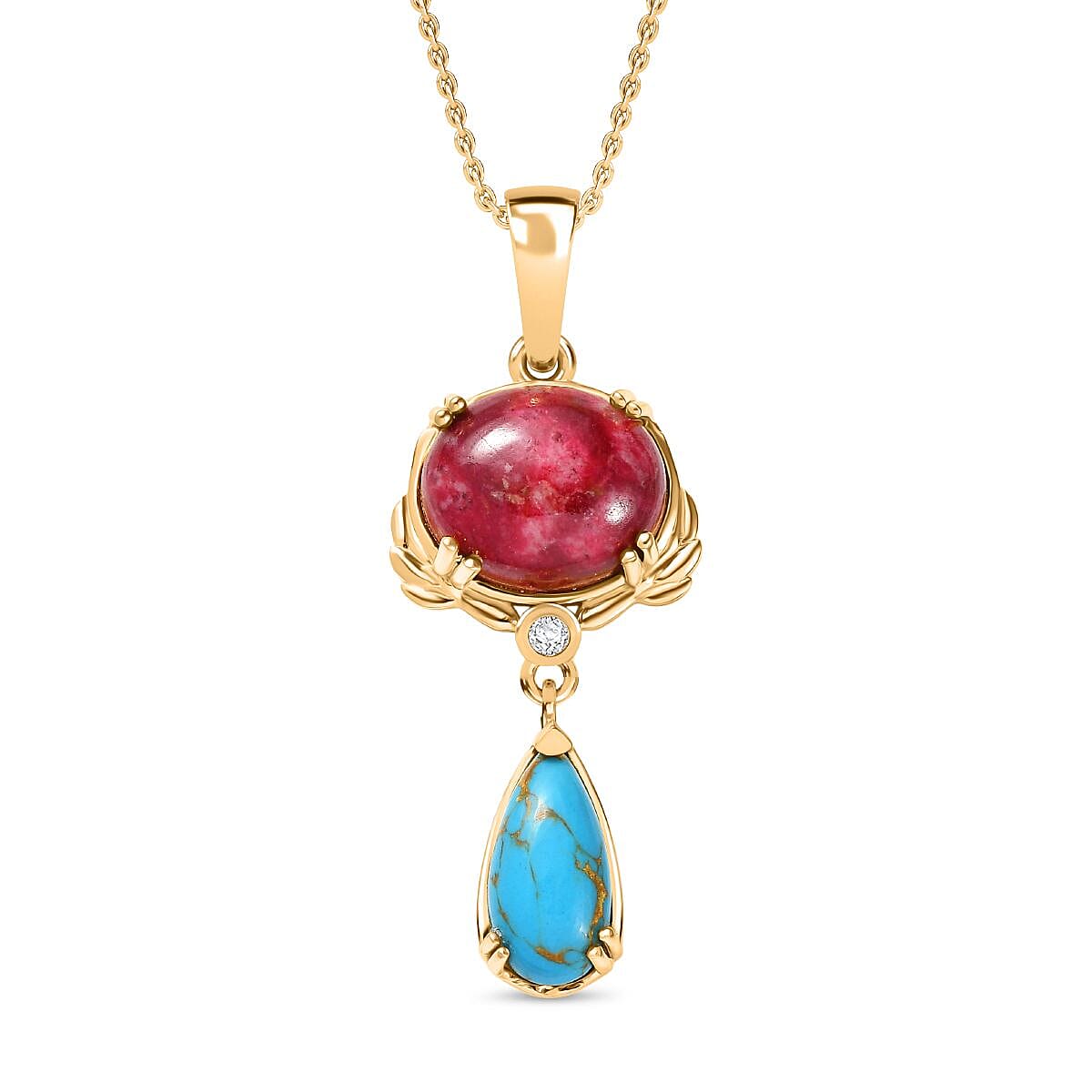EverTrue Natural Thulite, Blue Turquoise & White Zircon Pendant with Chain (Size 20) in Yellow Gold Plated 8.16 Ct.