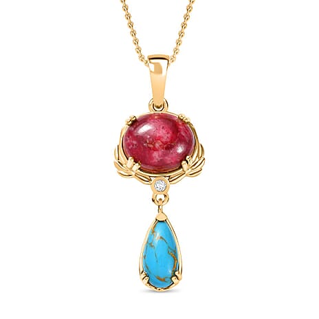 EverTrue Natural Thulite, Blue Turquoise & White Zircon Pendant with Chain (Size 20) in Yellow Gold Plated 8.16 Ct.