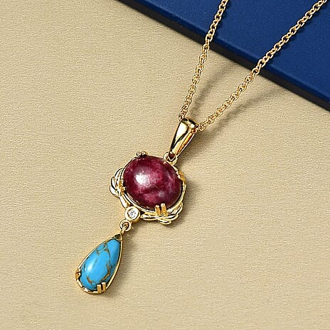 EverTrue Natural Thulite, Blue Turquoise & White Zircon Pendant with Chain (Size 20) in Yellow Gold Plated 8.16 Ct.