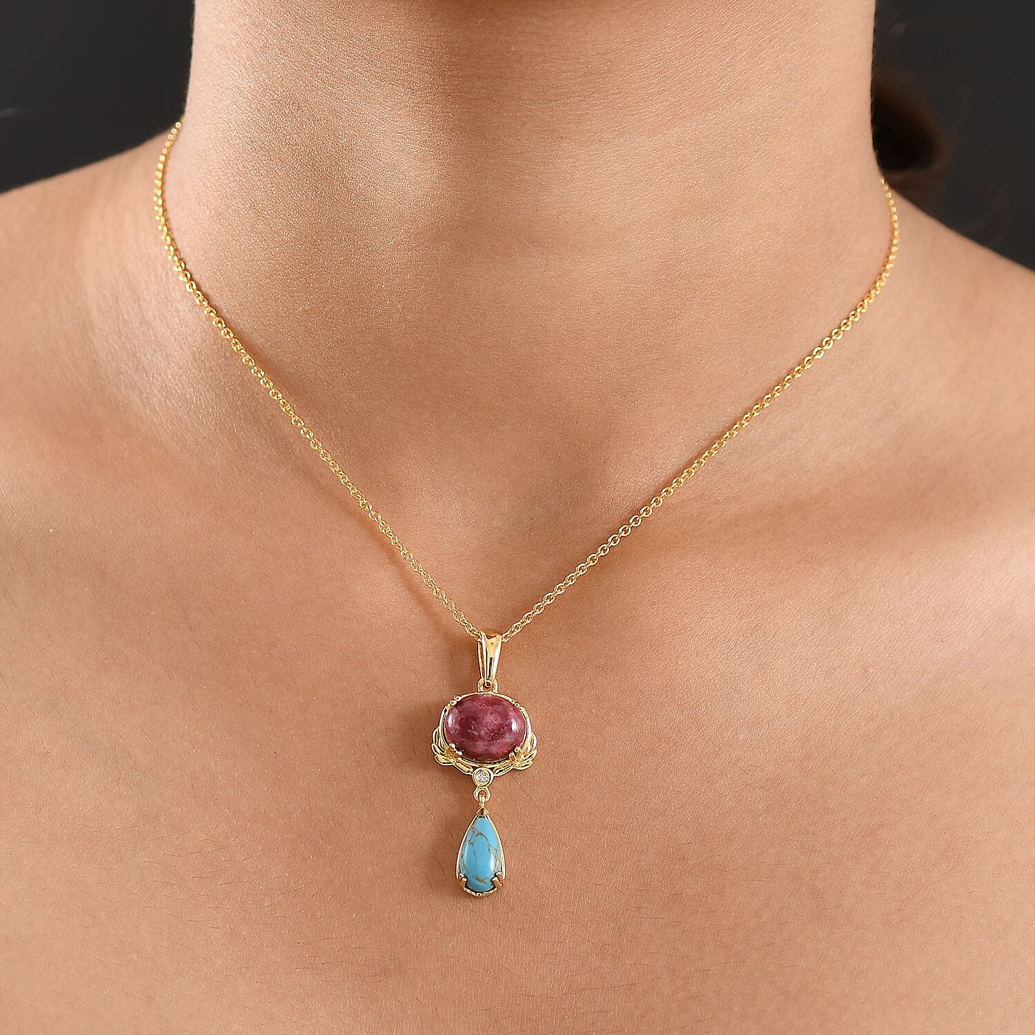 EverTrue Natural Thulite, Blue Turquoise & White Zircon Pendant with Chain (Size 20) in Yellow Gold Plated 8.16 Ct.